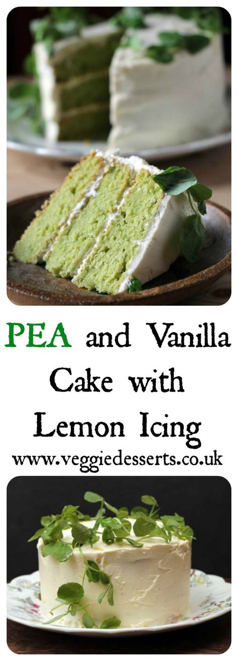 Vanilla Pea Cake with Lemon Icing | Vegetable Cakes | Veggie Desserts Blog  This sweet pea cake tastes like a vanilla sponge, with added goodness from the peas and a lovely green colour. I’ve topped it with a zingy lemon icing and a halo of pea shoots for Cakes With Vegetables In, Pea Cake Recipe, Vegetable Cake Recipes, Sweet Pea Cake, Veggie Cake, Pea Cake, Vegetable Cakes, Veggie Desserts, Veggie Cakes