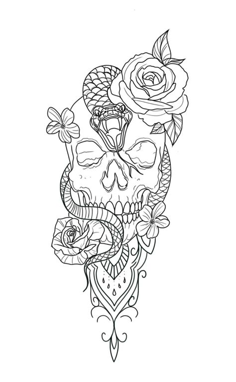 Girly Tattoo Stencils, Skull Snake Tattoo Design, Snake And Skull Tattoo, Mandala Tattoo Sleeve Women, Girly Skull Tattoos, Leg Patchwork, Owl Tattoo Drawings, Hip Tattoo Designs, Feminine Skull Tattoos