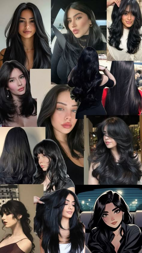 Black hair Cool Brown Black Hair, Long Dark Black Hair, Obsidian Brunette, Raven Black Hair Color, Black Hair With Colored Bangs, Long Black Hair Straight, Black Hair With Bangs And Layers, Jet Black Hair Aesthetic, Black Coloured Hair