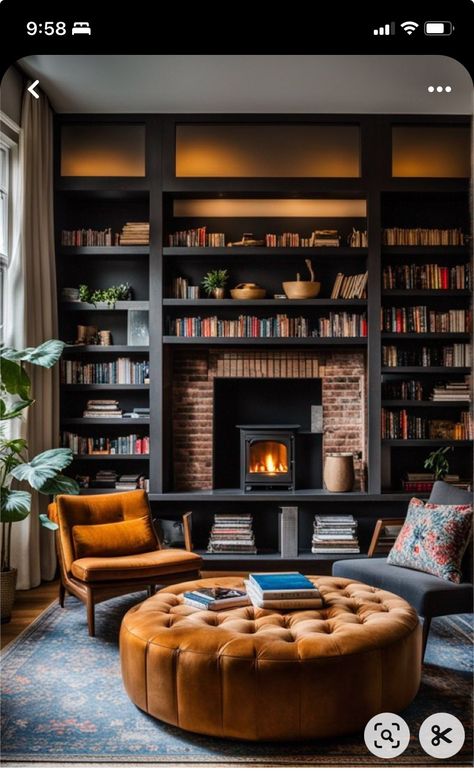 Classic Bookshelves, Popular Home Decor, Wooden Cross, Cozy Reading Nook, Leather Ottoman, Bookshelves, Fireplace, Living Room, Reading