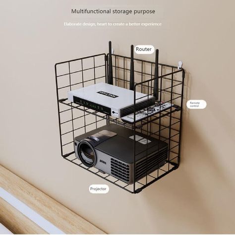 Rebrilliant Perforation-Free Wall-Mounted Wall Wifi Router SET-Top Box Storage Rack Projector Storage Rack 2 | Wayfair Modern Remote Control Storage, Wifi Router Wall Mount, Wifi Box Storage, Cute Projector Set Up, Decorating Small Townhouse, Wall Projector Ideas Bedroom, Home Projector Setup, Diy Projector Mount, Tiny Apartment Hacks