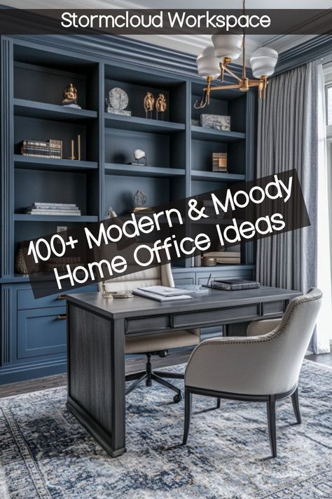 This dark modern office features a stormy color palette and sleek furnishings, making it a perfect example of moody office ideas that elevate a small moody office or dark home office into a refined, stylish workspace. Moody Office Ideas, Small Moody Office, Dark Home Office, Home Office Dark, Chic Workspace, Dark Office, Moody Office, Office Dark, Dark Designs