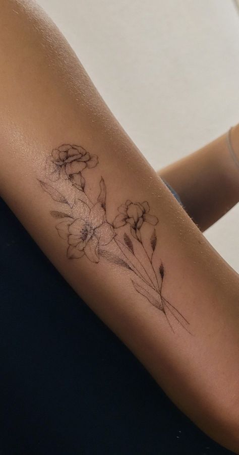 Dandelion And Flower Tattoo, Carnation Tattoo Forearm, Long Stem Flower Tattoo Forearm, Mums Tattoo Flower, Fine Line Back Of Arm Tattoo, Small Kids Tattoos For Moms, Fine Flower Tattoo, Fine Line Carnation Tattoo, Tiny Arm Tattoos