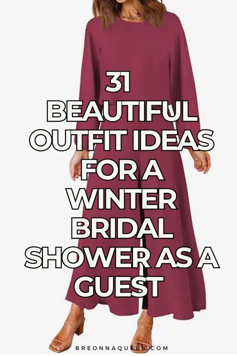 "From dresses to jumpsuits, we've got the perfect winter outfit ideas for a bridal shower. Check out our list of 31 options to find your perfect look. #bridalshoweroutfits #winterfashion #outfitinspiration" Wedding Shower Dress Guest Winter, Winter Bridal Luncheon Outfit, Bridal Shower Winter Outfit Guest, Cold Weather Bridal Shower Outfit, Babyshower Outfit Ideas Girl Guest, Winter Bridal Brunch Outfit, What To Wear To Wedding Shower As Guest, Wedding Shower Guest Outfit Winter, Winter Shower Guest Outfit