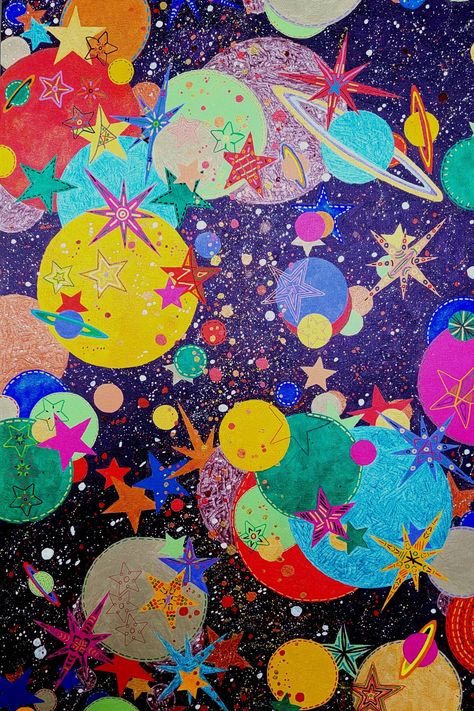 My fun imaginary interpretation of the universe. With multicolored planets and stars . Original painting by me I call my art Jeffism. I've been painting for over 20 years from abstract to realism landscape and portraiture . I paint from the heart with love and light. Space Posca Art, Fantastic Planet Wallpaper, Creation Painting, Abstract Star Painting, Color And Light Art, Art Stars, Abstract Painting Aesthetic, Stars And Hearts, Star Art Aesthetic