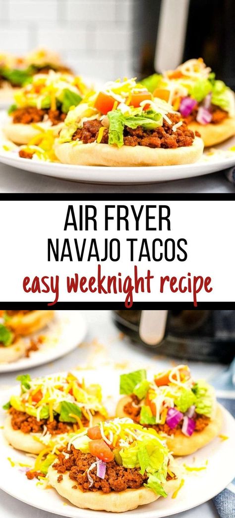 My Air Fryer Navajo Tacos are easy to make, even with homemade fry bread. Add your favorite toppings for an easy weeknight recipe that will wow everyone! Air Fryer Navajo Fry Bread, Navajo Tacos Recipe Frybread, Navajo Tacos, Homemade Fries, Airfryer Recipes, Fry Bread, Savory Recipes, Easy Dishes, Easy Weeknight