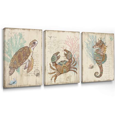 AmazonSmile: Adecuado Rustic Wall Art Coastal Picture Seahorse Print Sea Turtle Canvas Painting Crab Artwork Beige Framed Home Decor Ready to Hang for Bedroom Bathroom Living Room 12x16 Inch, 3 Panels : Handmade Products Mountain Painting Canvas, Beachfront Decor, Bathroom Wall Decor Art, Coastal Farmhouse Decor, Turtle Wall Art, Panel Painting, Coral Decor, Crab Decor, Abstract Canvas Wall Art