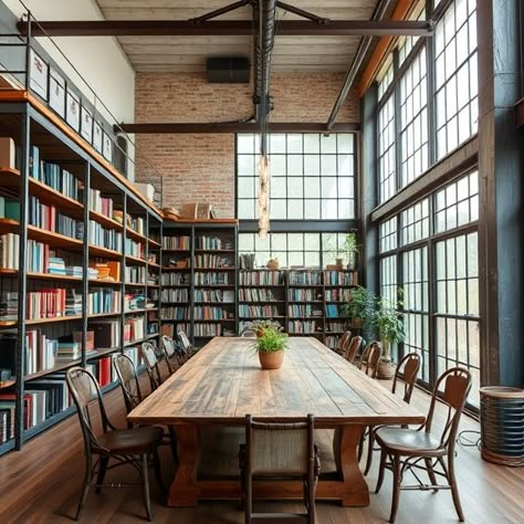 Industrial Chic Loft-Style Library with Metal and Wood Shelves, Industrial Windows, Edison Bulb Pendant Lights Loft Style Office Design, Metal And Wood Shelves, Industrial Library, Library College, Edison Bulb Pendant Light, Small Bookstore, Loft Library, Library Coffee Shop, Reading Loft