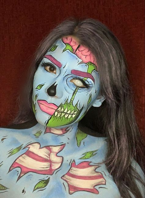 Pop Art Face Makeup, Pop Art Makeup Ideas, Pop Art Halloween Makeup, Pop Art Zombie Makeup, Facepaint Halloween, Zombie Pop, Zombie Drawing, Halloween Ideias, School Halloween Costumes