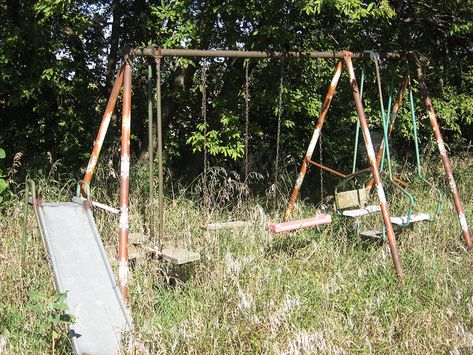 Had a swing set just like this (well not LIKE that) when I was little. When I'd get going real fast the legs of the swing set would lift up. Lol Nostalgia Aesthetic, Metal Slide, Rusted Metal, Those Were The Days, Trailer Park, The Swing, Swing Set, 90s Kids, The Good Old Days