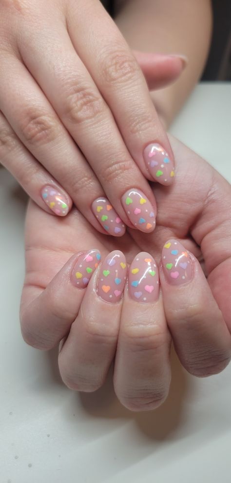 Heart Nails Rainbow, Multi Colored Heart Nails, Pastel Heart Nails, Pastel Valentines Nails, Candy Heart Nail Art, Conversation Hearts Nails, Short Pastel Nails, Pastel Nails Short, Rainbow Heart Nails