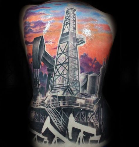 Colorful Mens Oilfield Themed Full Back Tattoos Oil Field Tattoos For Men, Drilling Rig Tattoos, Oil Field Tattoos, Rig Tattoo, Oilfield Tattoos, Small Letter Tattoo, Chicken Tattoo, Common Tattoos, Oilfield Life