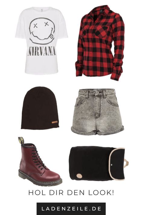 In der Modewelt zeigen wir dir, wie du ganz einfach ein Outfit im Grunge Look stylen kannst. Mit kariertem Flanellhemd, Shorts, Strumpfhose und Schnürstiefeletten wird der Grunge Look für Damen im Nu ein Style für den Herbst. Rucksack und Mütze in Schwarz sind Accessoires, die du stilbewusst dazu kombinieren kannst. Entdecke jetzt unser Grunge Outfit und lass dich von unseren Stylingtipps inspirieren! #grungelook #grungestyle #grungeoutfits #grungemode #outfitcollage #stylingtipps Grunge Outfit, Grunge Look, Lula Roe Outfits, Gwen Stefani, Grunge Style, Kate Moss, Kurt Cobain, Drawstring Waistband, Grunge Fashion