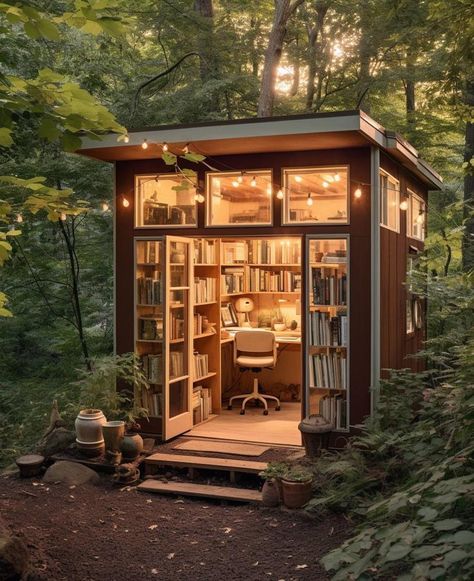 Cozy Home Library, Tiny Library, Dream Library, Home Library Design, Home Libraries, Cabin In The Woods, Forest House, Home Library, Dream House Decor