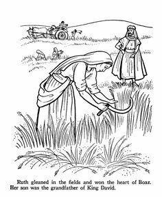 Ruth in the fields while Boaz looks on. Bible coloring page                                                                                                                                                                                 More Ruth Bible, Bible Coloring Sheets, Ruth And Naomi, Old Testament Bible, Fishers Of Men, Sunday School Coloring Pages, Sabbath School, Bible Story Crafts, Preschool Bible