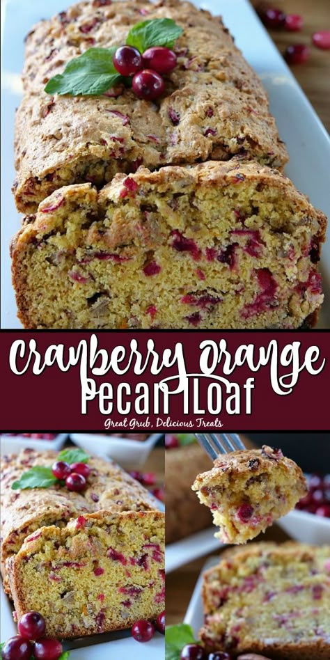 Cranberry Orange Pecan Loaf is a delicious quick bread recipe loaded with fresh cranberries and chopped pecans. #quickbread #cranberry #pecan #desserts #greatgrubdelicioustreats Cranberry Pecan Bread Recipe, Nut Breads, Pecan Loaf, Pecan Bread Recipe, Cranberry Nut Bread, Desserts Quick, Cranberry Bread Recipes, Pecan Desserts, Mini Loaves