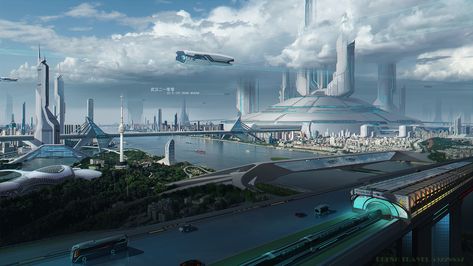 Sci Fi World, Futuristic City Utopia, Scifi City, Earth City, Sci Fi Architecture, Sci Fi Landscape, Sci Fi City, Space Artwork, Landscape Concept