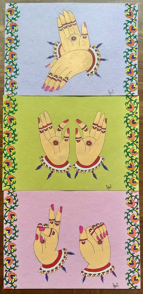 Kalamkari Mudra - set of Three. Kalamkari painting is a traditional art form originating from Andhra Pradesh, India. Traditionally it involves the use of natural dyes and intricate pen work to create exquisite paintings on fabric. Here this art form has been adapted to acrylic paints on handmade sheets, giving a contemporary twist on this ancient form. Handmade sheets are soft, rustic, eco-friendly and can last for centuries. Although it deviates from the traditional techniques, the essence of this beautiful art style has been incorporated in all the three mudra paintings. Mudras hold symbolic and cultural significance in Indian classical dance and spiritual practices. The mudras in these paintings(set of 3) portray emotions and state of mind. The hands and fingers depicted in precise posi India Folk Art, Culture Of India Art, Andhra Pradesh Culture, Gum Branding, Patachitra Art, Paintings On Fabric, Ancient Crafts, Kalamkari Art, Sheet Art