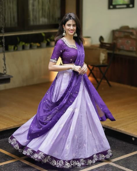 Lavendar Lehenga Purple, Purple Half Saree South Indian, Convert Saree To Dress, Lavender Half Saree, Trending Half Saree Designs, Half Saree Colour Combinations, Lavender Dress Outfit Wedding, Halfsarees Designer, Contrast Lehenga Color Combos