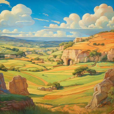 fantasy landscape painting of calabria toscane mallorca italy, sunny, fields, cliffs, wide angle, studio ghibli pixar, abbott fuller graves Pixar Background, Fantasy Italy, Fantasy Landscape Painting, Fantasy Fields, Fantasy Backgrounds, Mediterranean Landscaping, Fantasy Background, Italy Art, Fantasy City