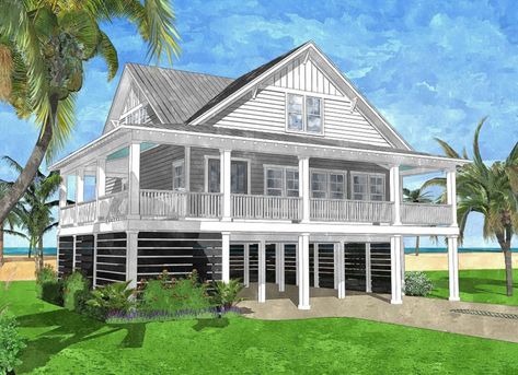 Elevated, Piling and Stilt House Plans - Coastal Home Plans Elevated House Plans Modern Farmhouse, Stilt House Plans Coastal Homes, Farm Houseplan, Jamaican Houses, Dream House Ideas, Cottage Mountain, House Ideas Interior, Beach Cottage House Plans, Stilt House Plans