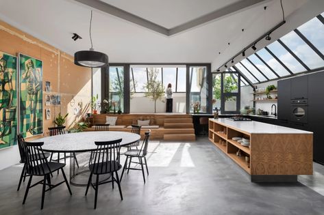 Valentino Architects transforms Malta art studio into modern home Indoor Courtyard, Mid Century Furnishings, Stone Facade, Wooden Steps, Timber Deck, Geometric Tiles, Studio Space, Sliding Glass Door, Contemporary Living