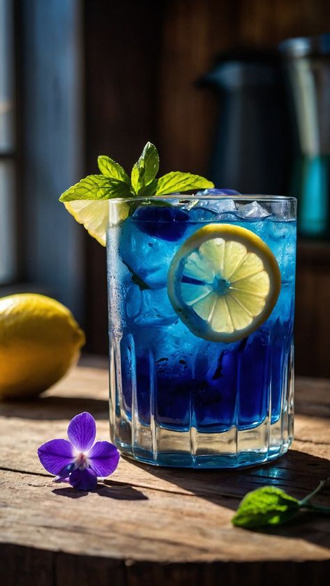 Blue Lemonade Blue Lemonade Aesthetic, Blue Lemonade Recipe, Flower Lemonade, Mocktail Ideas, Summer Mocktails, Lemonade Smoothie, Blue Lemonade, Mint Drink, Spring Drink