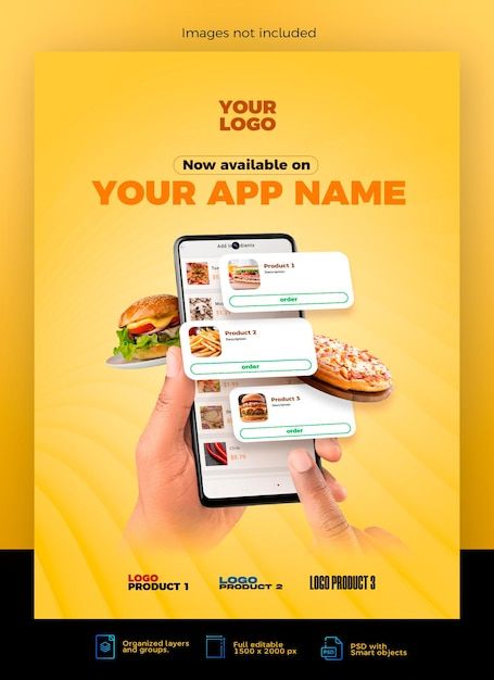 App Promotion Poster, Fast Food Orders, Food Promotion, App Promotion, Promotional Design, Order Food, Food App, Yellow Background, Promotion