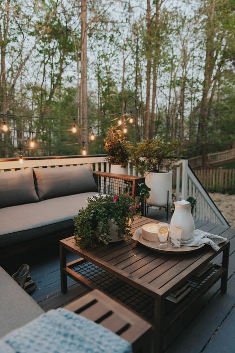 Maximizing the Layout of a Small Deck in 5 Steps! Deck Furniture Small Space, Deck Staging Ideas, Deck Railing Decorating Ideas, Fall Landscape Backyard, Small Deck Patio Furniture, Outdoor Patio Mood Board, Outdoor Deck Furniture Ideas, Cozy Back Deck Ideas, Condo Patio Decorating Ideas