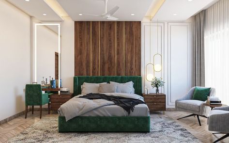 Classic Master Bedroom With Green And Brown Tones Dark Green Bed, Green Upholstered Bed, King Size Bed Designs, Guest Bedroom Home Office, Double Bed Designs, Wooden Panelling, Personalized Bedroom, Luxe Bedroom, Simple Bedroom Design