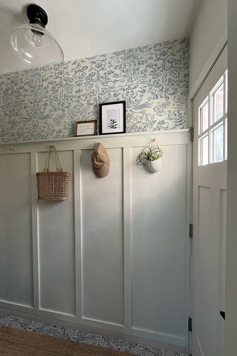 I’ve wanted to add board and batten to my small entryway for a while now. Once I got started, It was so much easier than I thought. Board And Batten End Of Wall, Peg Rail Board And Batten, Hallway With Wainscotting And Wallpaper, Rental Board And Batten, Different Board And Batten Styles, Wallpaper Over Board And Batten, Small Hallway Board And Batten, Board And Baton Entryway, Board And Batten Half Wall With Wallpaper