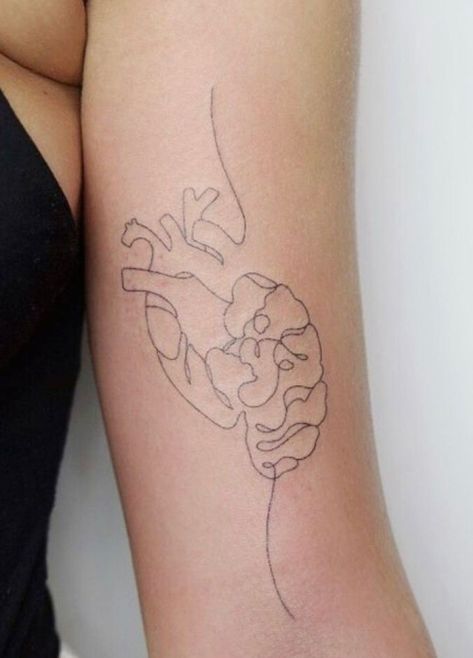 Messy Brain Tattoo, Heart Over Head Tattoo, Medicine Inspired Tattoos, One Line Brain Tattoo, Neurosurgeon Tattoo, Healthcare Worker Tattoo, Mind Body Connection Tattoo, Heart Brain Tattoo Minimalist, Atomically Heart Tattoo