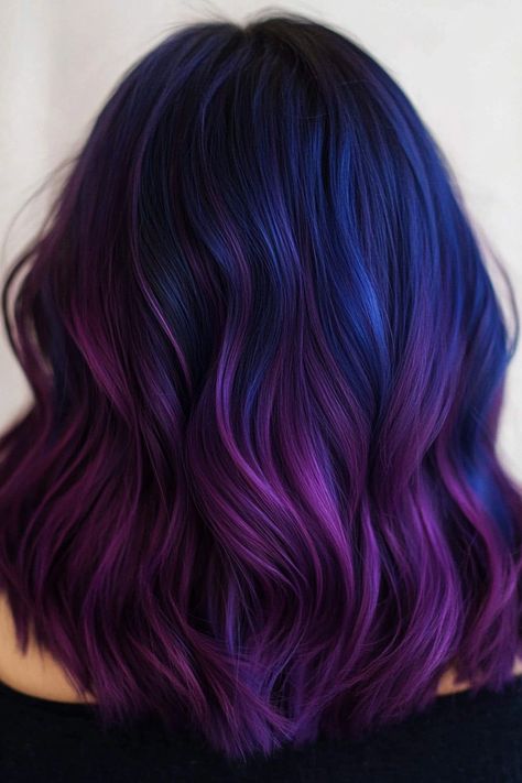 Explore over 50 purple and blue hair color ideas in this pin, showcasing vibrant and bold transformations. From ombre to galaxy-inspired styles, discover the perfect unique hair to express your individuality. This pin features a variety of colorful combinations for your next hair makeover. Purple And Blue Hair, Blue Hair Color Ideas, Purple Blue Ombre, Blue Roots, Hair Color Plum, Plum Hair, Blue Hair Color, Purple Dye, Subtle Ombre