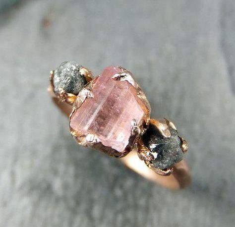 Rose gold and raw pink tourmaline: a match made in jewelry heaven. #etsy Raw Pink Tourmaline, Gold Door, Raw Crystal Jewelry, Three Stone Ring, Rose Gold Engagement, Gold Engagement Ring, Three Stone Rings, Raw Crystal, Rose Gold Engagement Ring