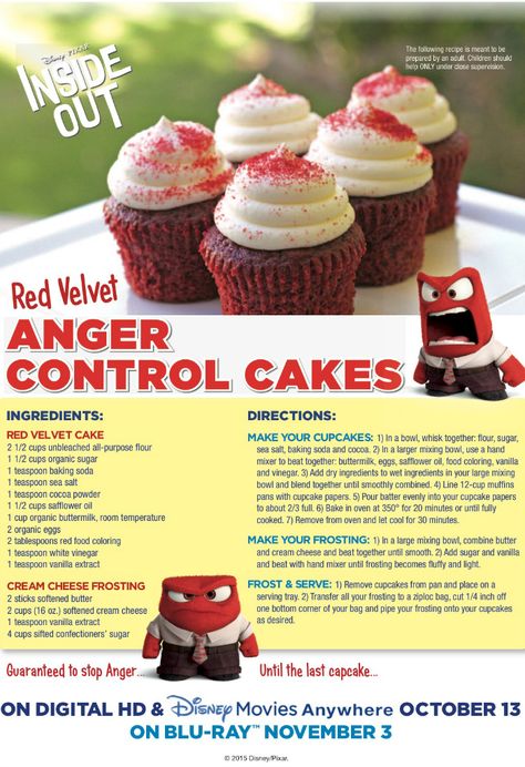 Disney Red Velvet Cake Recipe Inside Out Printables, Inside Out Coloring, Disney Movie Night Food, Inside Out Coloring Pages, Inside Out Movie, Disney Inspired Recipes, Disney Baking, Disney Themed Food, Red Velvet Cupcakes Recipe