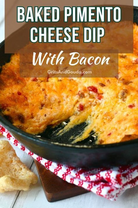 Make this crowd pleasing Baked Pimento Cheese Dip with Bacon the next time you're looking for a savory appetizer! Combine everything in a cast iron skillet or another oven safe dish and you'll have an easy and hot pimento cheese dip in no time. Warm Pimento Cheese Dip, Baked Pimento Cheese Dip 12 Tomatoes, Baked Pimento Cheese Dip, Hot Pimento Cheese Dip Recipe, Hot Pimento Cheese Dip, Baked Pimento Cheese, Bacon Pimento Cheese, Pimento Cheese Appetizer, Keto Dip