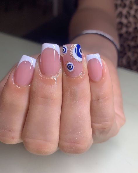 Short Gel Nails Evil Eye, Blush Nails Short, Gel Nails Evil Eye, Acrylic Nails Evil Eye, Simple Nails Acrylic, Nails Evil Eye, Acrylic Evil Eye, Nails Short Acrylic, Acrylic Nails Designs