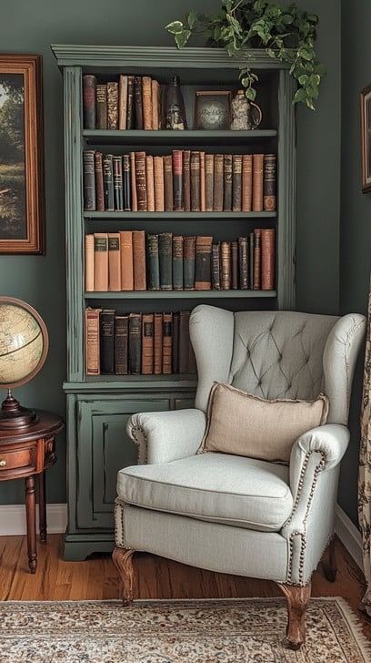 Nestled in a tranquil corner of the room, this cozy reading nook beckons with its plush, tufted armchair and an adjacent bookshelf brimming with an eclectic mix of books. The backdrop of rich, dark green walls complements the warm beige of the armchair and the wooden tones of the furniture, creating an intimate and inviting atmosphere. A small wooden side table hosts a vintage globe, adding a touch of old-world charm. Perfect for long hours of reading or simply relaxing, this nook offers a peace Bookshelf In Corner Of Living Room, Bookshelf With Chair, Reading Corner Dark Academia, Green Bedroom Dark Academia, Dark Green Moody Library, Dark Green Reading Room, Small Library Corner Ideas, Small Living Room Library Ideas, Moody Book Nook