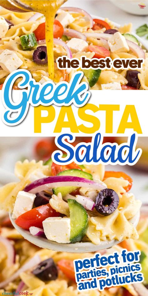 This Greek Pasta Salad recipe is a must-try! Ready in just 20 minutes, it’s loaded with colorful veggies and a delicious herb dressing. Perfect for parties, picnics, potluck, or a quick lunch! #CheerfulCook #GreekSalad #PastaSalad #SaladRecipes #GreekPastaSaladRecipe ♡ cheerfulcook.com Salad For Parties, Beef And Noodles Crockpot, Coleslaw Dressing Recipe, Greek Pasta Salad Recipe, Greek Pasta Salad, Party Food Bar, Herb Dressing, Mediterranean Diet Recipes Dinners, Colorful Veggies