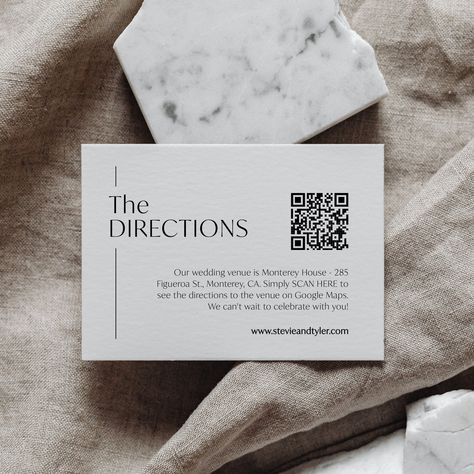 Chic Directions Card with QR Code, Printable Minimalist Location Card, Reception Directions Enclosure, Google Maps Link Insert, SN250_DQR by StudioNellcoteDIY on Etsy Qr Code Card Design, Qr Code Design, Recipe Book Design, Free Calligraphy, Calligraphy Script Fonts, Brochure Ideas, Clothes Brand, Monk Fruit, Free Script Fonts