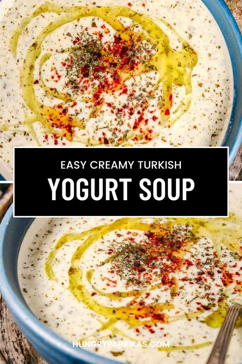 turkish yogurt soup in a blue bowl Easy Impressive Dinner, Easy Soup Ideas, Easy Middle Eastern Recipes, Middle Eastern Bread, Turkish Yogurt, Yogurt Soup, Ramadan Recipes Iftar, Paprika Recipes, Middle Eastern Salads