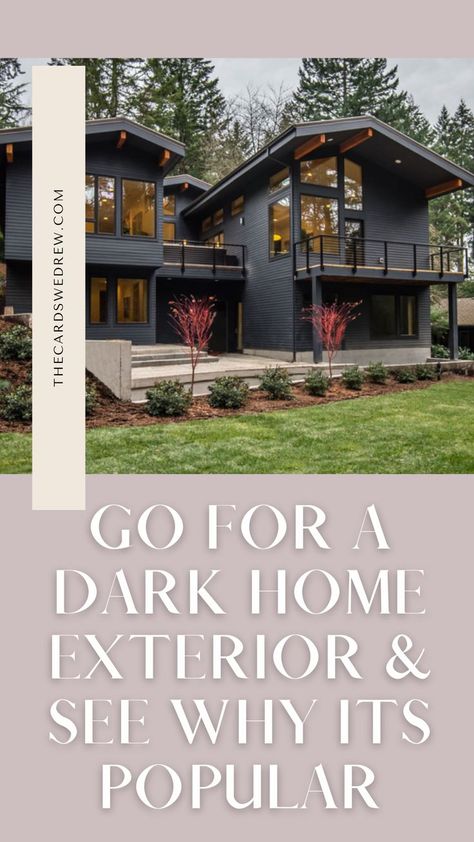 Landscaping With Dark Siding, Dark Grey Outside House Paint, Dark Exterior House Landscaping, Houses With Dark Gray Siding, Dark Exterior Cabin Colors, Dark Exterior Light Trim, Dark Stucco Exterior House Modern, Light Vs Dark House Exterior, Paint House Black Exterior