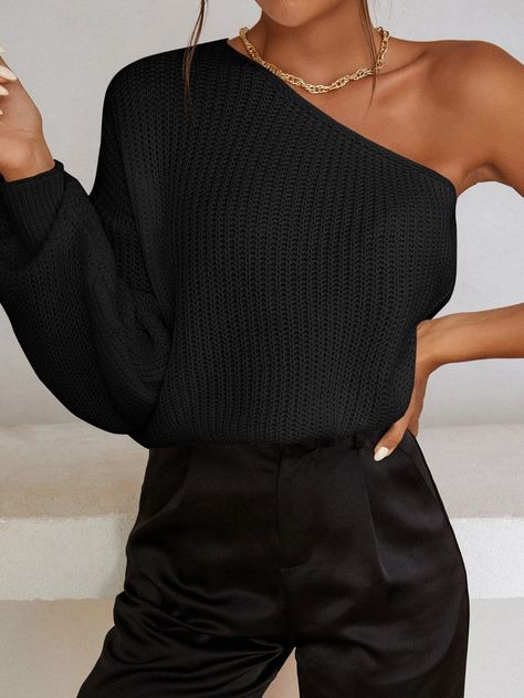 Solid One Shoulder Sweater | SHEIN EUR One Sleeve Sweater, One Sleeve Top Outfit, One Shoulder Sweater, Couple Shoots, Simple Summer, Pullover Outfit, American Eagle Sweater, Women Sweaters, Ankle Bootie