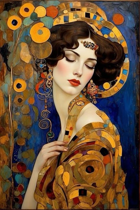 Art Ladies Art Klimt, Gustav Klimt Art, Art Deco Artwork, Klimt Paintings, Klimt Art, Art Nouveau Illustration, Painting Woman, Abstract Portrait, Classical Art