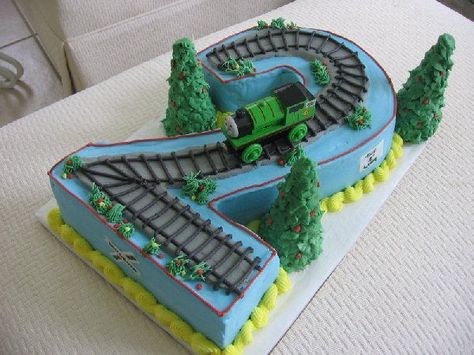 I just think this is cute...could do 3 with road instead of tracks for trucks Buttercream Leaves, Little Blue Truck Cake, Blue Truck Cake, Number 2 Cakes, Toddler Birthday Cakes, Chugga Chugga Two Two, Train Birthday Cake, Thomas The Train Party, Little Blue Truck