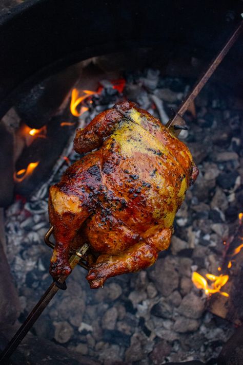 Tequila Lime Rotisserie Chicken - Over The Fire Cooking Recipes For Drumsticks, Hawaii Bbq, Fire Recipes, Barbeque Design, Over The Fire Cooking, Campfire Recipes, Fire Chicken, Spit Roast, Beer Can Chicken