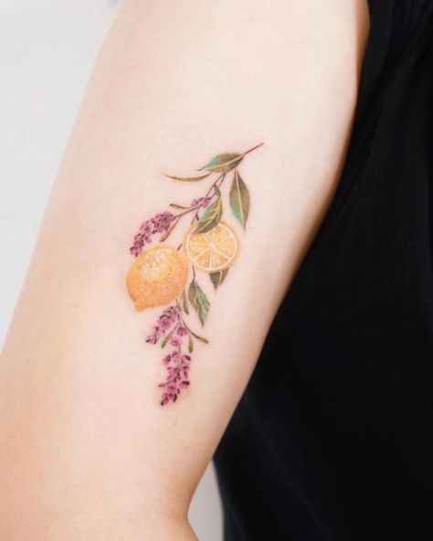 Lemon and lavender tattoo Lemon Tattoo Design, Lemon Branch Tattoo, Lemon Tree Tattoo, Citrus Tattoo, Lemon Tattoo, Bestie Tattoos, Lillies Tattoo, Tiny Tattoos For Women, Fruit Tattoo