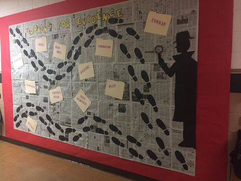 Detective Theme Bulletin Board, Detective School Theme, Investigation Decoration, Mystery Theme Classroom, Detective Theme Decorations, Mystery Book Fair Theme, Mystery Classroom Theme, Mystery Bulletin Board Ideas, Clue Classroom Theme