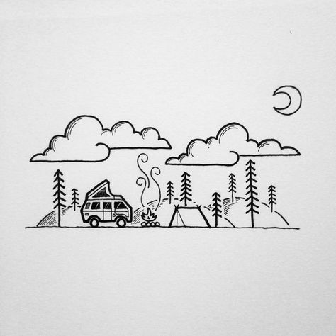 Doodling is something that I do to relax and wind down, it's an activity that helps me clear my mind. #drawing #doodle #doodling #penandink… Camping Drawing, Camping Design, Arte Doodle, Ruby Rings, White Drawing, Beautiful Illustration, Illustration Vintage, Camping Life, Pen Art