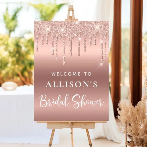 An elegant and chic welcome foam board sign for your bridal shower featuring drips of rose gold faux glitter and "Bridal Shower" written in a stylish white script. You can easily personalize the bride-to-be's name. Rose Gold Bridal Shower Decor, Bridal Shower Rose Gold, Rose Gold Background, Baby Shower Roses, Glitter Bridal Shower, Rose Gold Bridal Shower, Gold Quince, Rose Gold Backgrounds, Ombre Rose